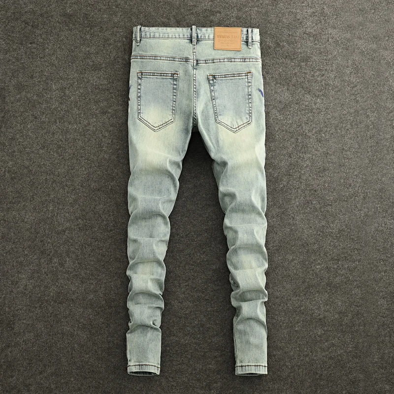 Y2K Fashion NewY2K Jeans Scratch Painted Wash Water Nostalgic Retro Light Grey Blue Men's Jeans High Quality Pants Hombre