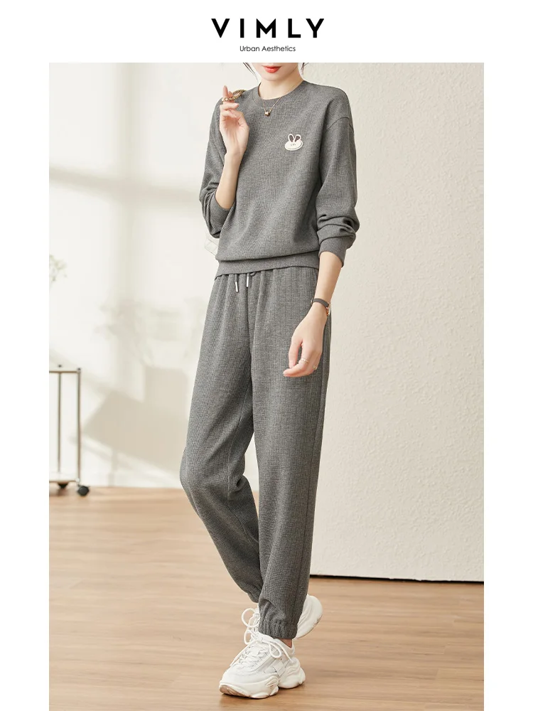 Vimly Gray Tracksuits Two Piece Sets for Women 2023 Korean Fashion Outifits Cotton Sweashirt Joggers New in Macthing Sets V7770