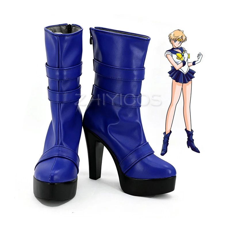 New Uranus Cosplay Boots Tenoh Haruka Blue Mid-Calf High Heel Platform Shoes Anime Women Shoes for Halloween Carnival Party