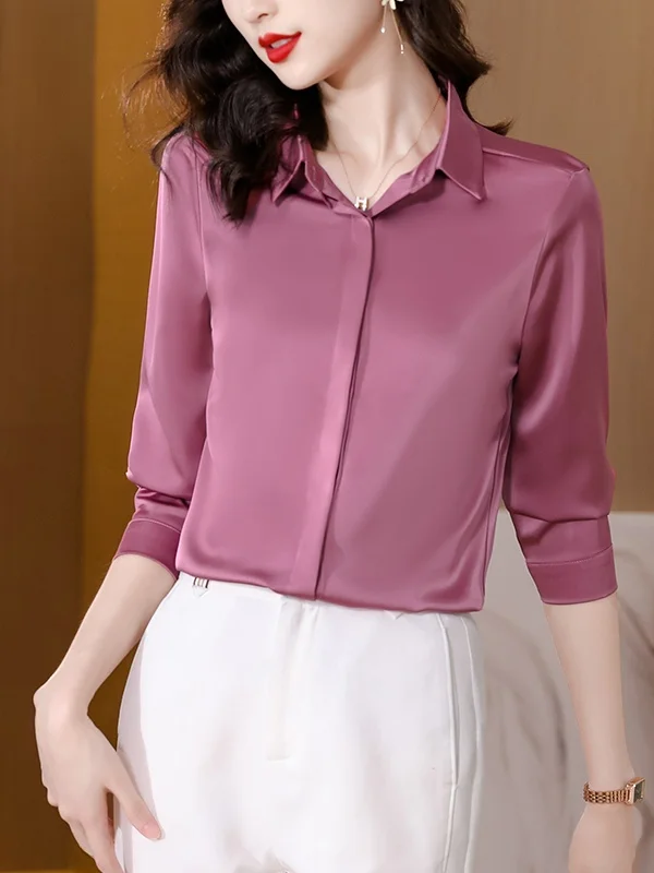 Ele Slimming Long Sve Silk irt Simple Pure Color Outlet Store Women's Faionable Busin Casual  Ne Button up