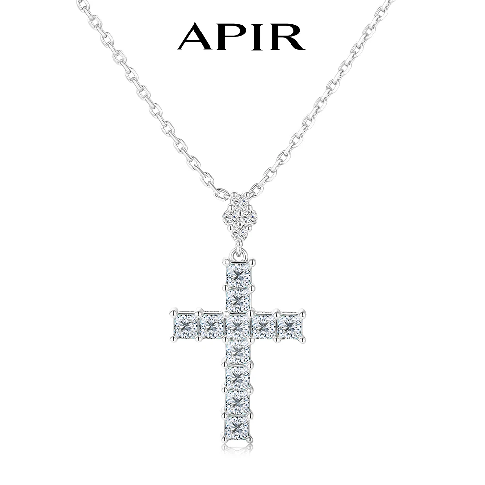 APIR 3*3MM Princess Cut 5A Zircon Cross Necklace for Women Man 30mm Sparkling Diamond Pendant Daily Wear Elegant Jewelry Gift