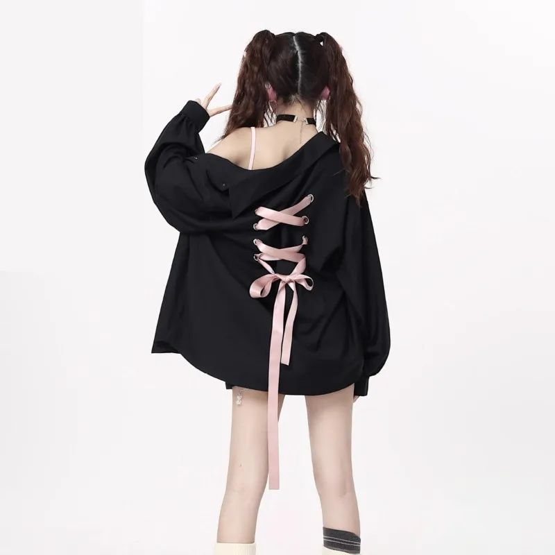 

Aesthetics All Match Bandage Bow Patchwork Jacket Casual Chic Fashion Tops Women Zipper Loose Grunge Roupas Femininas