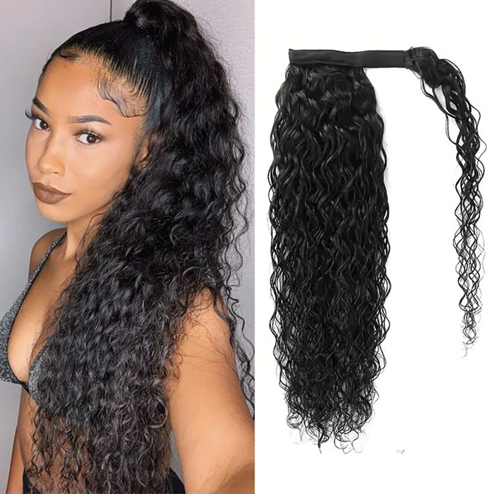 8-30 بوصة شعر مموج مائي ذيل حصان مع معجون سحري 100% شعر بشري برازيلي ذيل حصان ملحقات شعر طبيعي للنساء