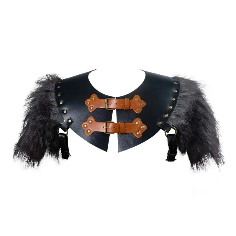 Męski Średniowieczny Płaszcz Królewski Wojownika Peleryna Szal Renesansowy Skóra PU Sztuczne Futro Szycie Zbroja Wojownika Akcesoria do Kostiumu na Halloween