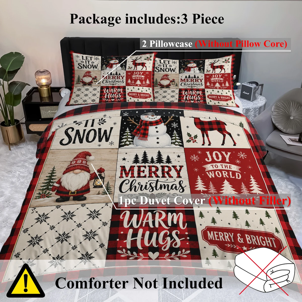 3PC Christmas Duvet Cover Set,Vintage Plaid Patchwork Gnome Snowman Reindeer Printed Quilt Cover With Pillowcases No Comforter