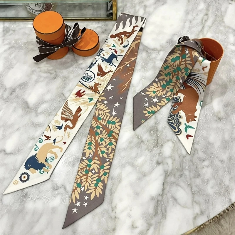 

New Fashion All-match Korean Version Mayan Jungle Animals silk scarf Twill Long Strip Small Scarf Tie Bind a bag Ribbon Streamer