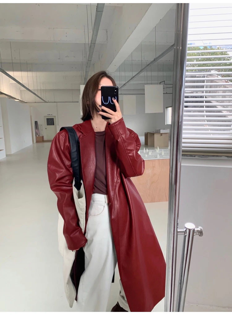 Manteau long en cuir rouge vin pour femme, manches longues, revers, printemps, décontracté, mode coréenne, automne, 2024