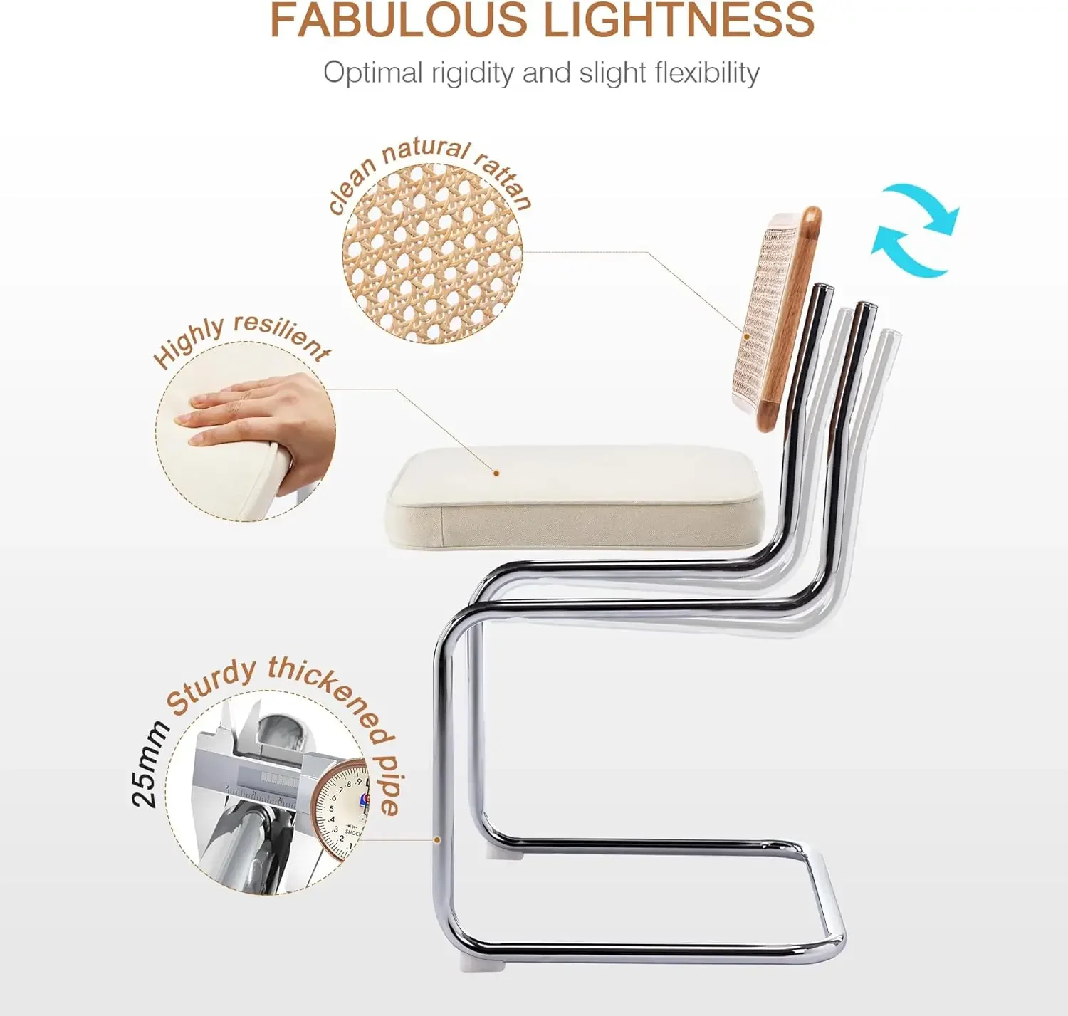 XMSJ. مجموعة كراسي تناول الطعام من الروطان الطبيعي مكونة من 2، كراسي طعام حديثة لمنتصف القرن مع ظهر من الخشب الصلب وقاعدة من الكروم، للمطبخ Liv #5