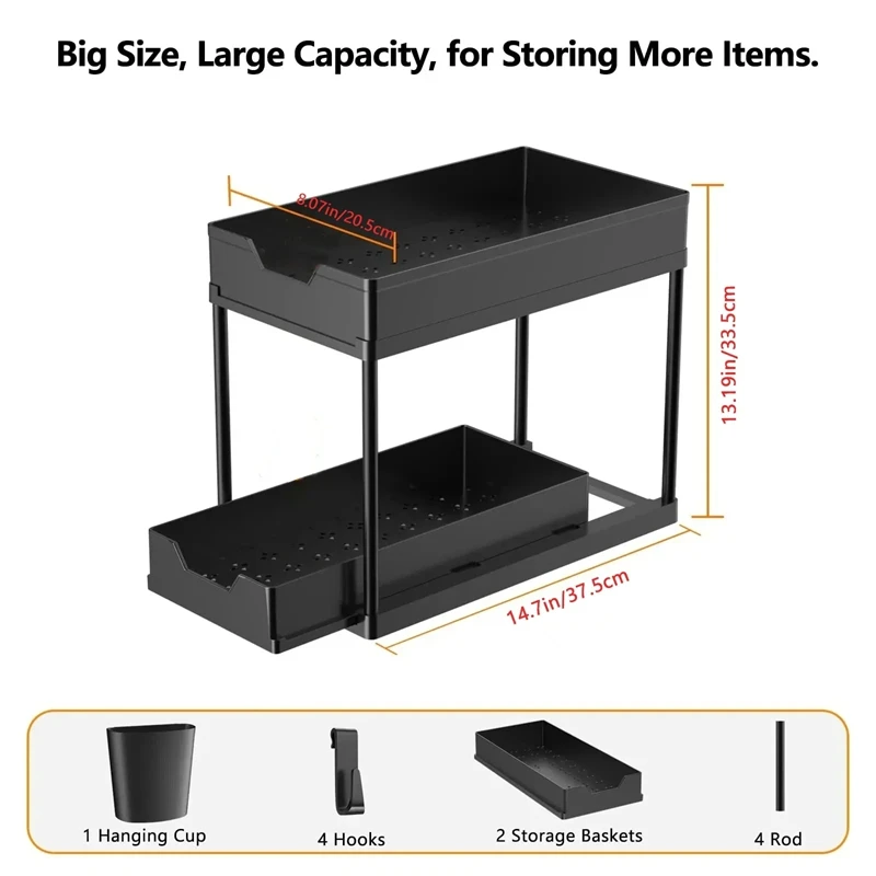 2 Tier Under Sink Organizer Rack Kitchen Cabinet Sliding Basket Organizer Storage Rack with Hooks Hanging Cup Bathroom Organizer