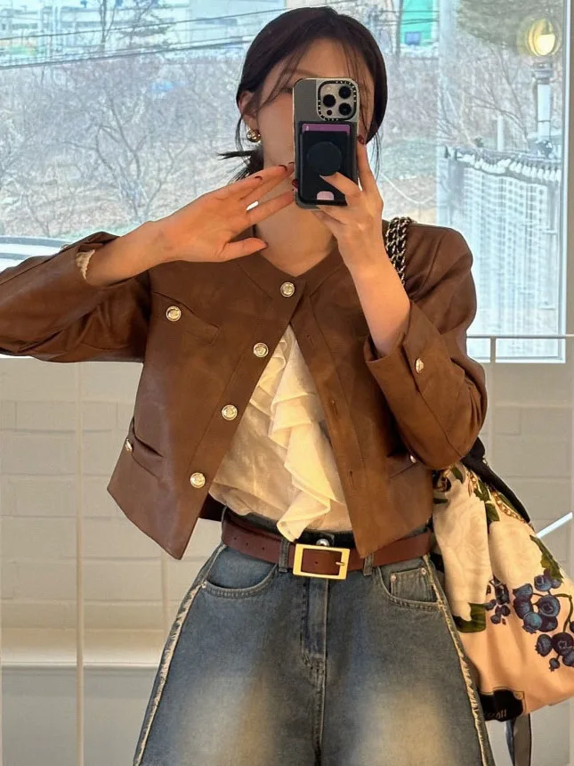 レトロスタイリッシュなラウンドネックダブルポケットルーズ多用途 BF オートバイレザージャケットアウターエレガントファッショナブルな女性のコート