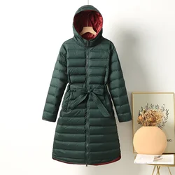 Womans Ultra Light Down Jackets Slim Hooded Extra Long White Duck Down Padded Coats Warm Down Parkas Puffer Jacket Women JK-980