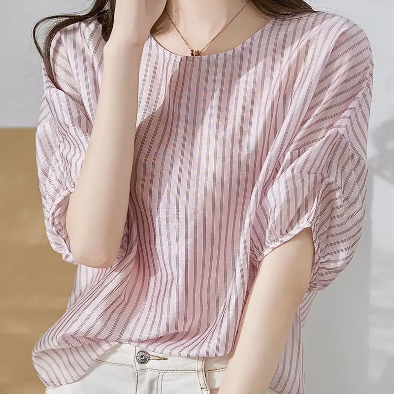 Loose Summer Women Blouse New High-quality Puff Sleeve Striped O-collar Casual All-match Lady Pullover Chiffon Shirt 2023