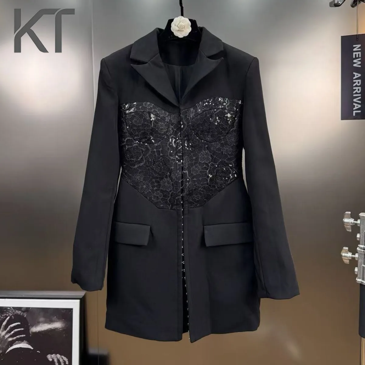 

Элегантное кружевное платье-блейзер KT с пайетками для женщин, с вырезами на лацканах, приталенное, с карманами, для вечеринок и торжественных мероприятий