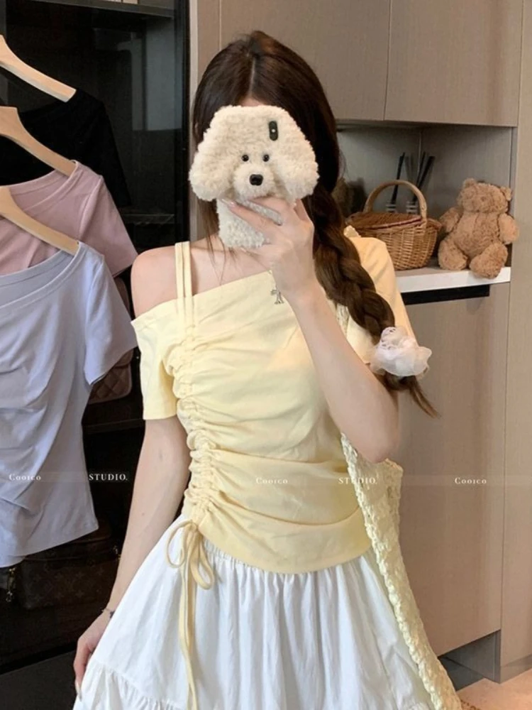 

Sweet One shoulder Drawstring Short sleeve T shirt Women Summer Off shoulder Top Elegant Sexy Solid color Cropped Basic Blouse