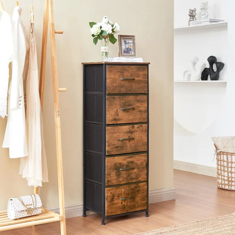 Tall Dresser for Bedroom with 5 Drawers, Storage Organizer Chest of Drawers with Removable Fabric Bins for Closet Bedside