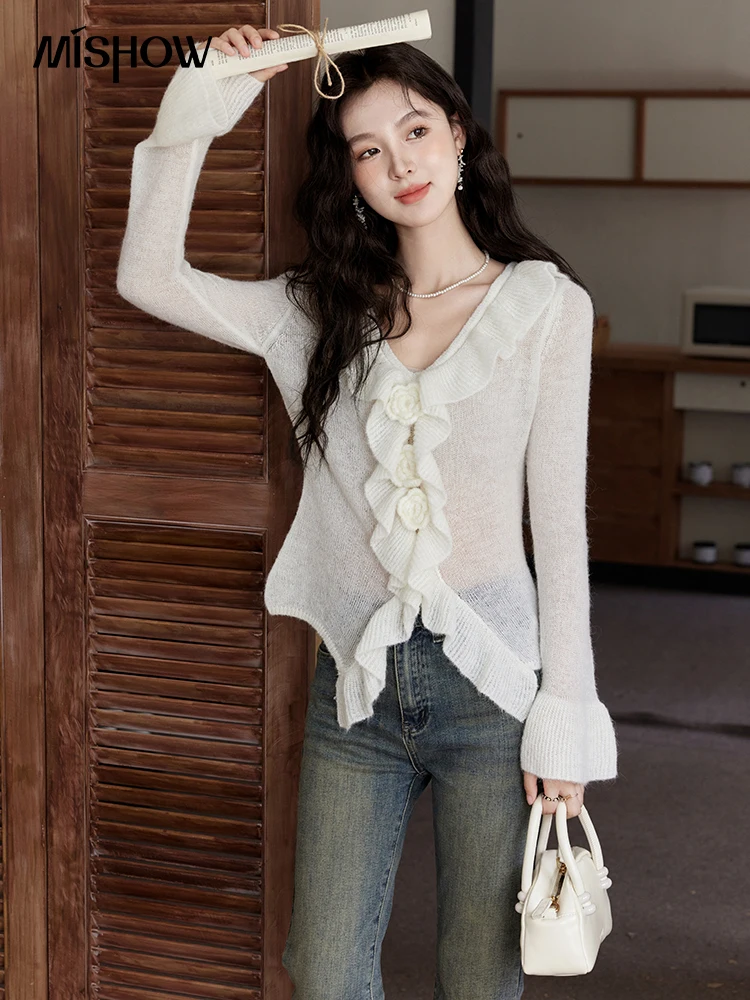 MISHOW Mohair Yarn Ruffled Top for Women Autumn 2024 Slim Waist Knitted Tops Long Sleeve Micro Transparent Sweaters MXD44Z0833