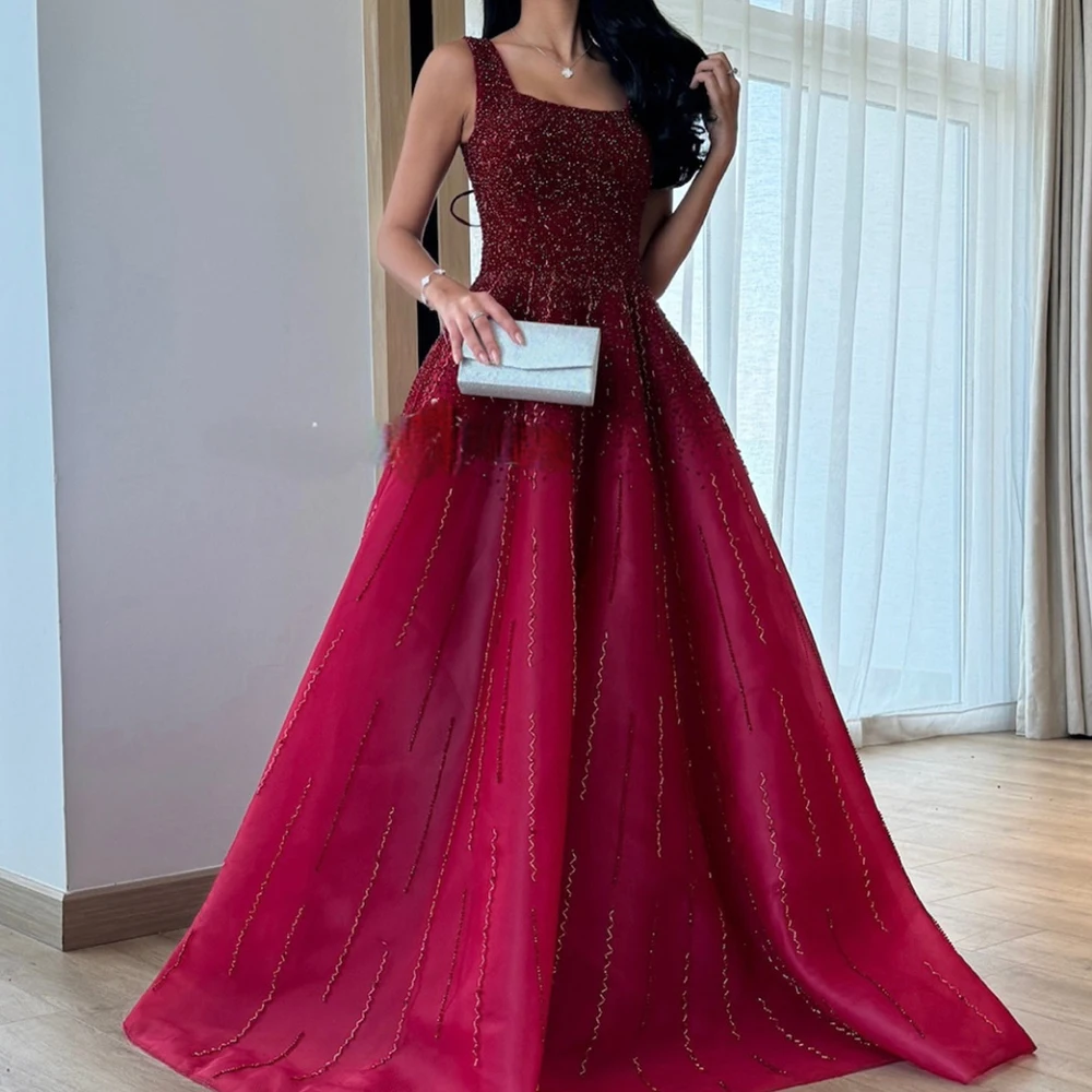 Customized Fashion Crystal Chiffon Off the Shoulder Evening Dress Delicate Square Neck A-Line Sleeveless Special Occasion Gowns