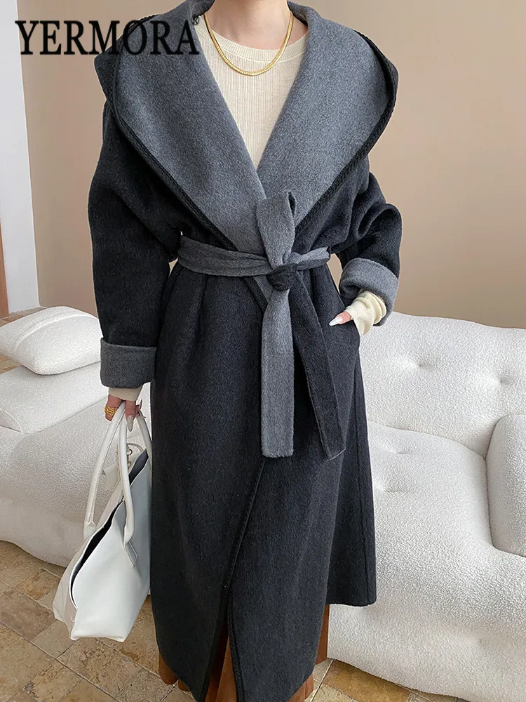 

YERMORA Black Patchwork Belt Casual Woolen Coat For Women Hooded Long Sleeve Loose New Overcoat Fashion Tide Summer Winter 2025