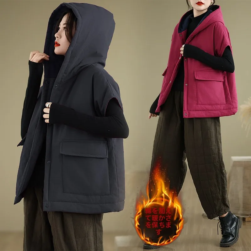 

Thiened Cotton Linen Jaet Women's Winter Warm Cotton oulder Pad Ombre Waed Cotton Clothes Hooded Vest Chinese Zen Sle