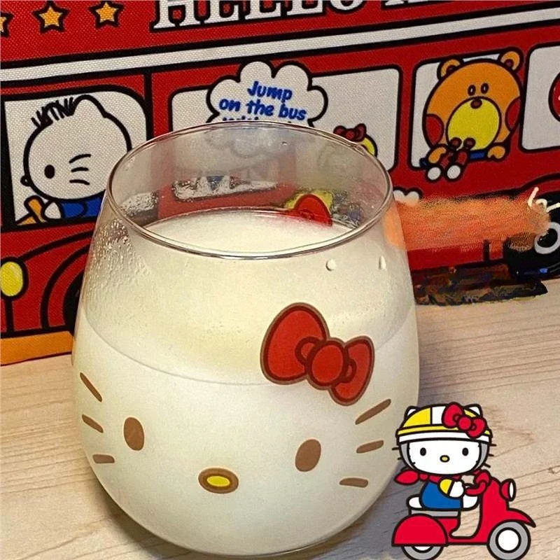 

Kawaii Hello Kitty Cinnamoroll Glass Cup Cute Cartoon Girlish Heart Milk Fruit Juice High-capacity Big Bellied Cup Gifts 500ML