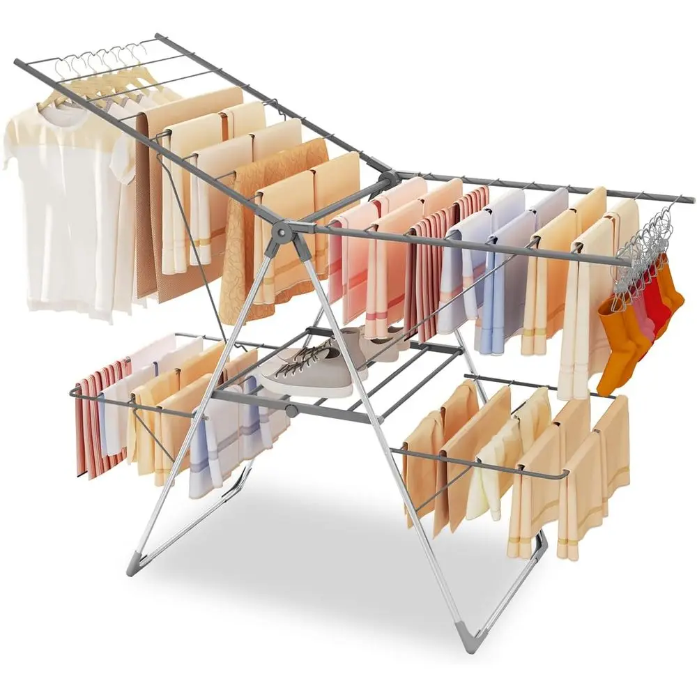 

2-Level Stainless Steel Collapsible Laundry Drying Rack, 33 Rails, 142cm, Gray, Suitable for Indoor and Outdoor Use