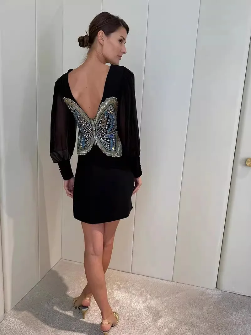 

2026 Spring Women's Sexy Deep V Neck Heavy-weight Silk Dress Luxury Sequined Butterfly Embroidered Backless Black Dress