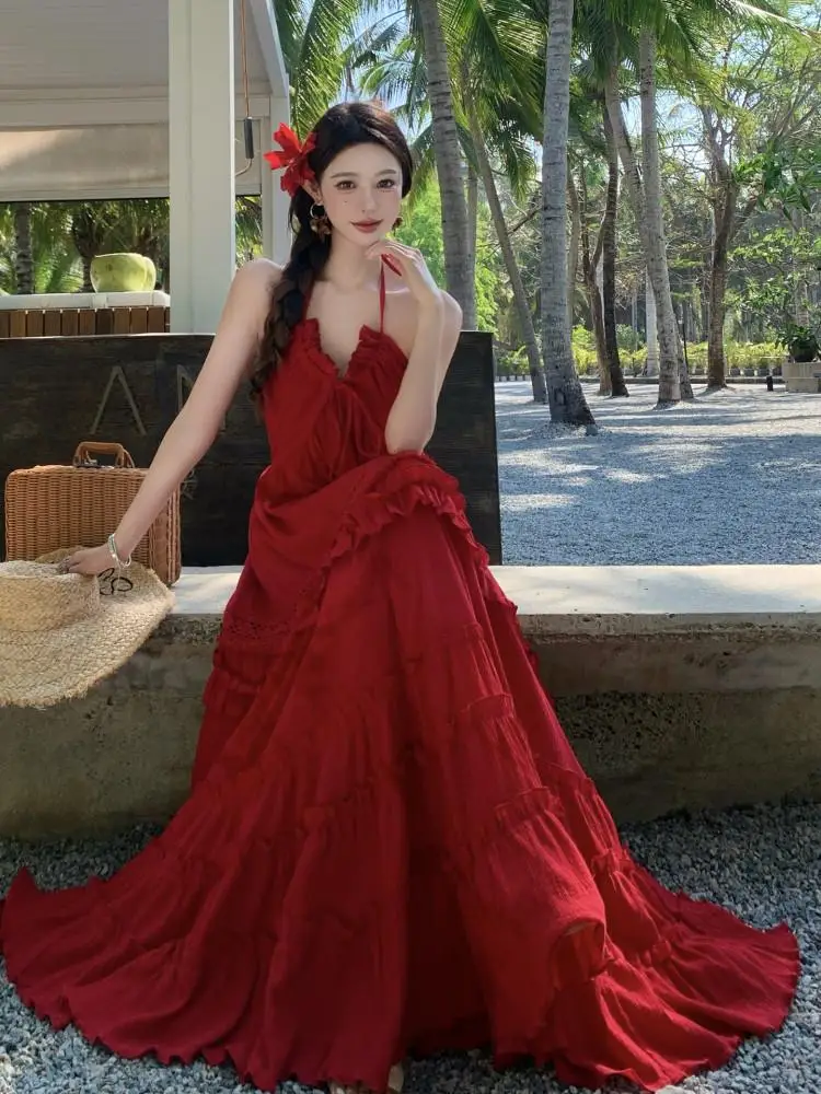 

Retro Bordeaux Red V-Neck Hanging Neck Strap Long Dress Backless Hollow out Cake Style Beach Dress Women's Fashion CityWalk