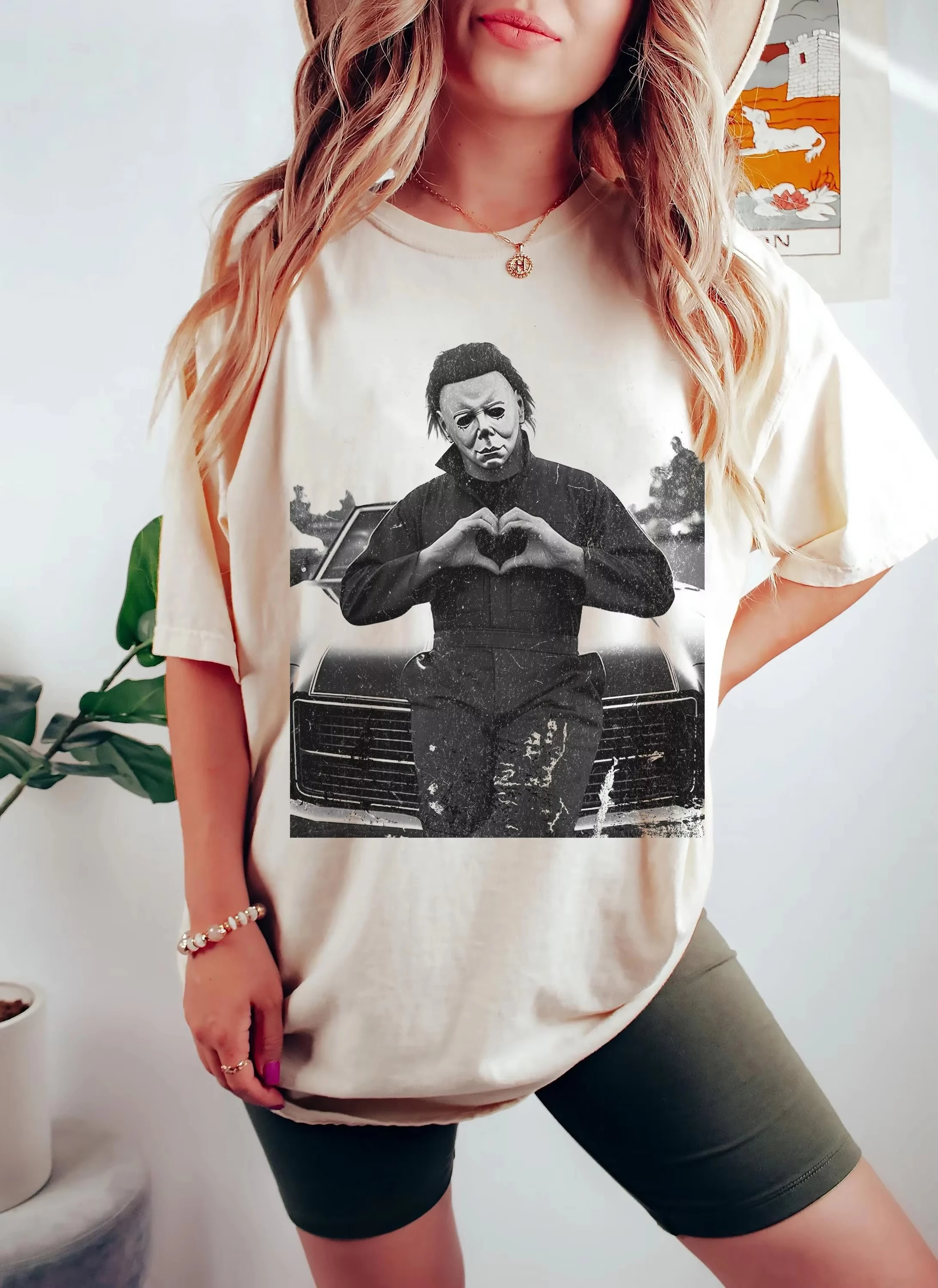 المتعثرة مايكل مايرز القلب الأيدي خمر هالوين قميص الرجعية فيلم الرعب قميص الجمعة 13th ملصقات الراحة الألوان #2