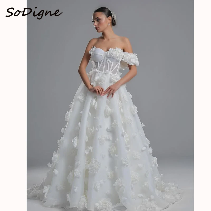 

SoDigne A-line Tulle Wedding Dress Sweetheart Sleeveless Bridal Gown Flowers Long Bride Dresses vestidos de novia Customized ﻿