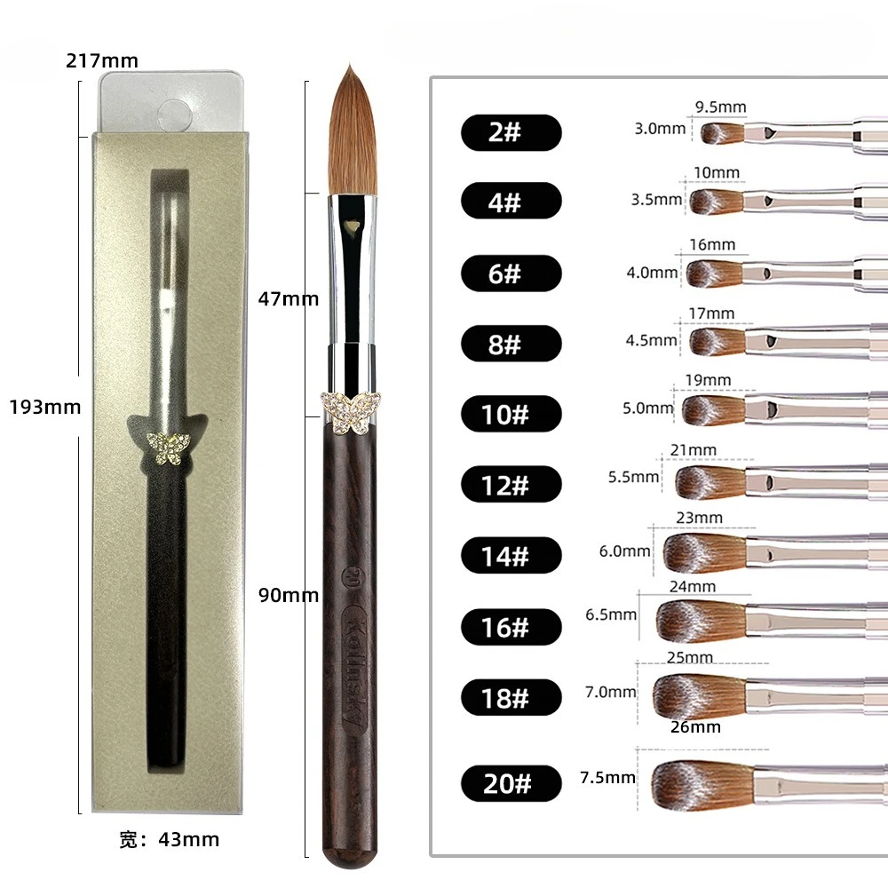 100% Kolinsky Pennello per unghie acrilico Viola Legno di sandalo Manico a farfalla Crimpatto Gel UV Pennello per intaglio Polvere liquida Disegno per unghie fai da te