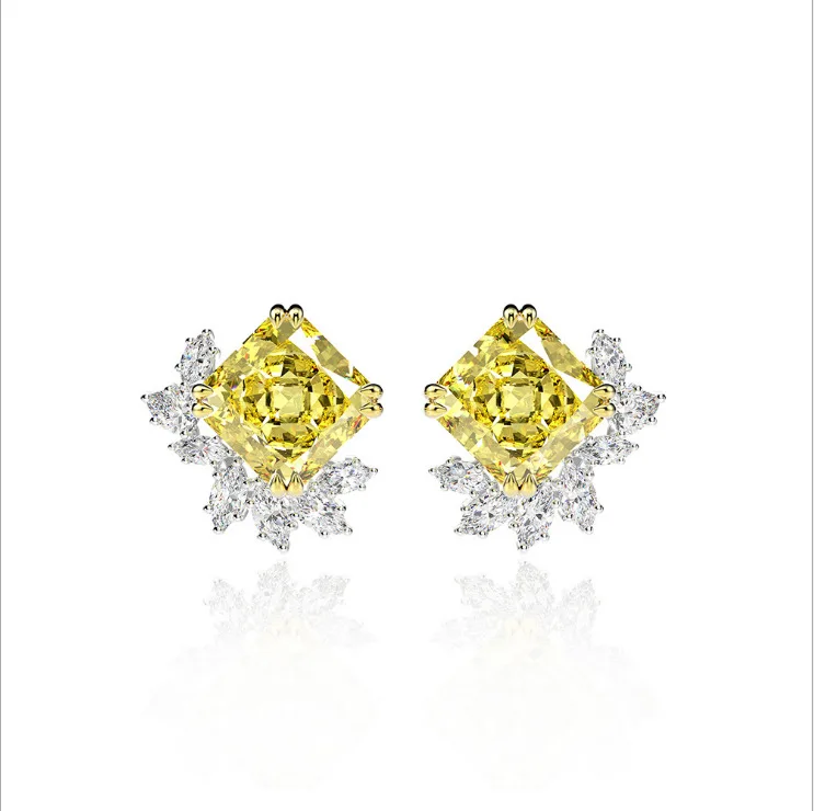 

S925 Pure Silver Flower 5-carat Square 10 * 10mm High Carbon Diamond Earrings, Versatile Gift for Girls, New Wedding Jewelry