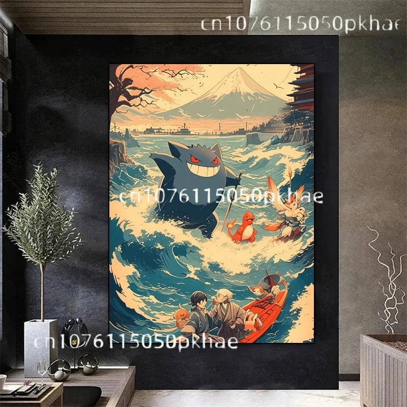 Pokemon ukiyo-e figuras de Anime Pikachu Squirtle Gengar lienzo pintura Anime arte de pared impresiones decoración para sala de estar carteles niños