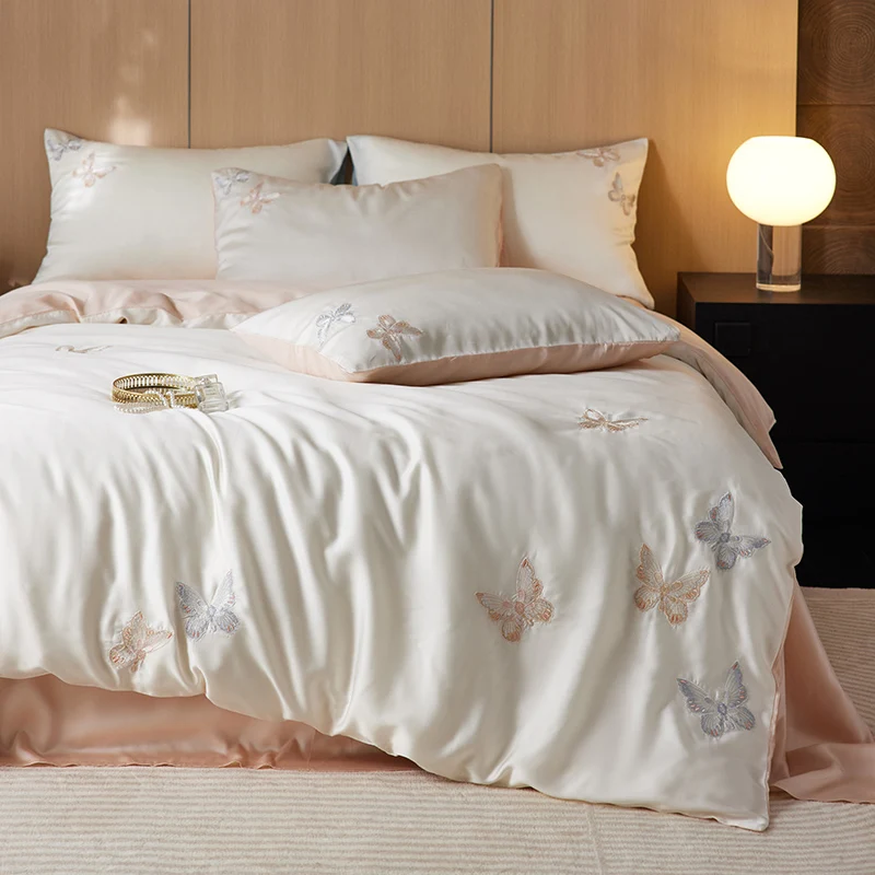 

3/4Pcs Luxury Butterfly Embroidery Lyocell Bamboo Fiber Soft Silky Cool Feeling Bedding Set Duvet Cover Bed Sheet Pillowcases