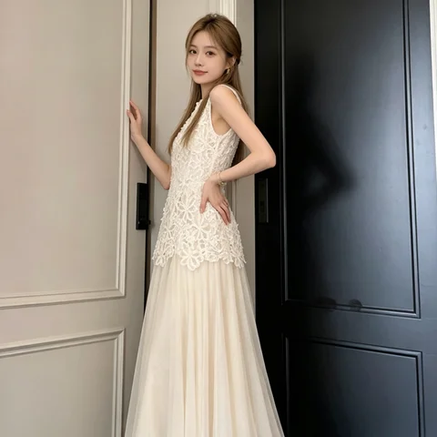 Elegant White Sleeveless Vest Dress Women's High Waist Slimming Long Dress Commute Korean Style Spring Summer Autumn A-Line S...