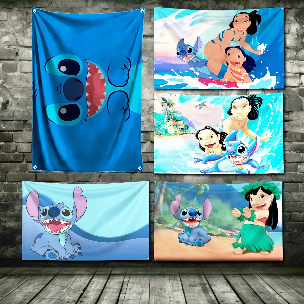 Cartoon Stitchs Flag Polyester Digital Printing Banner 4 Sizes for Garage Wall Art Out Door Decoration With Brass Grommets