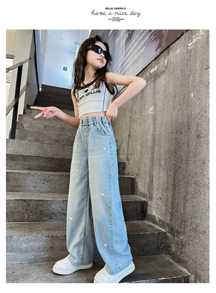 Neue Sommer-Jeans für Mädchen, leicht und atmungsaktiv, mit kleiner Herz-Stickerei, mückensichere Hose für Teenager-Mädchen im Alter von 4 bis 14 Jahren – Detail 11