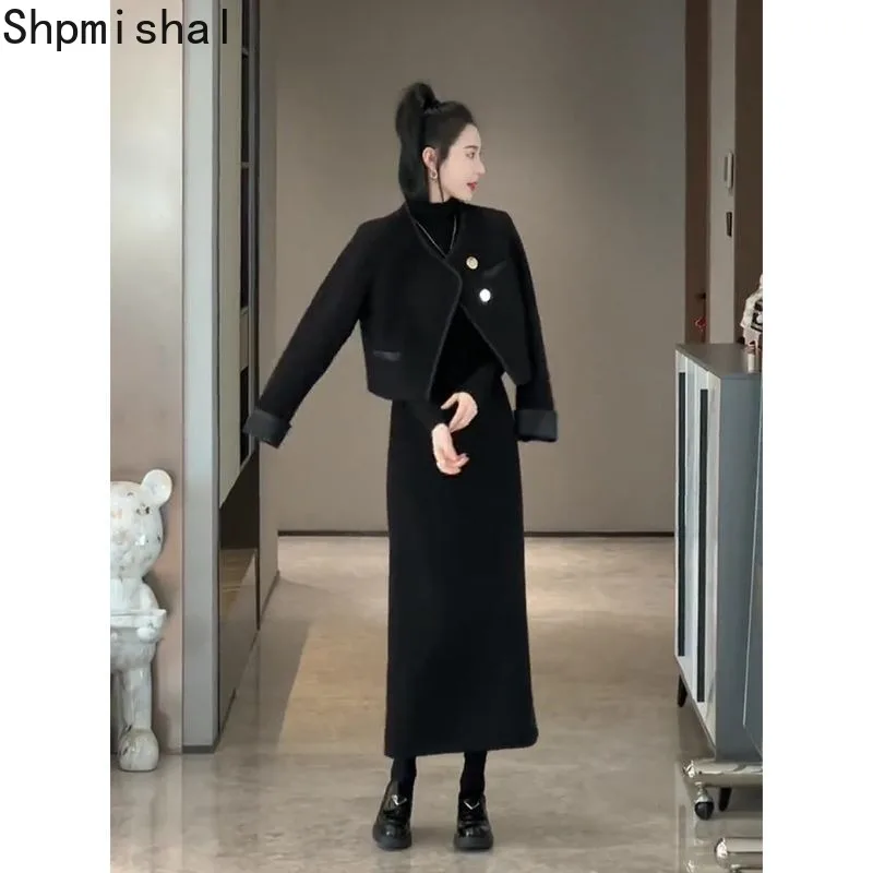 

Shpmishal Korean Fashion Winter New High-end Woolen Jacket Women's Slim Fit Slim Half Skirt Two-piece Set Female Clothing