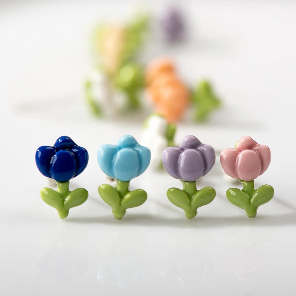 Multicolor Small Tulip Flower Ceramic Stud Earrings Anti-allergic Steel Needle Gift Ornament Luxury Z604