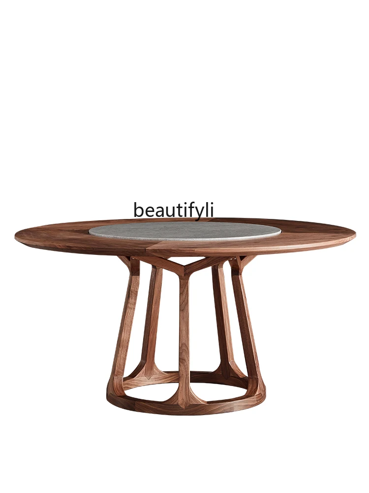 

New Chinese Style round Black Walnut Wooden round Table Solid Wood Luxury Villa Marble Dining-Table Light Luxury