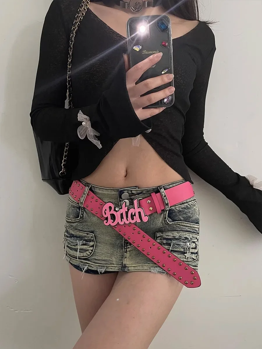 Gothic Designer Millennium Spicy Girls y2k belt European and American Street Letter Pink Belt Women\'s Subcultural Belt Versatile