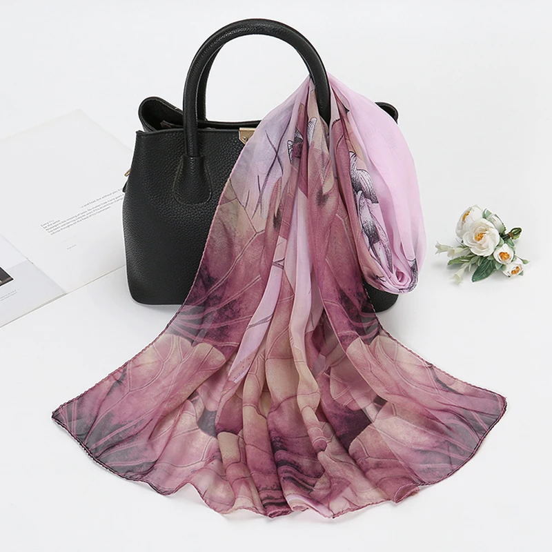 Lotus Blossom Pattern Simulation Silk Scarf Women's Chiffon Scarf Long Gauze Lightweight Neck Scarf Fashionable Shawl Hijab