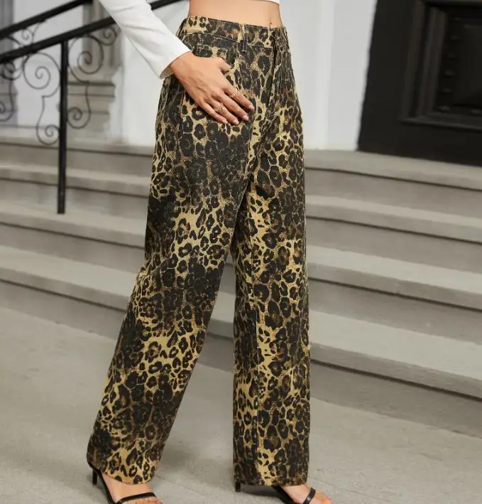 Pantalon en Denim imprimé léopard pour femmes, vêtements de tempérament pour les déplacements quotidiens, automne, pantalons décontractés