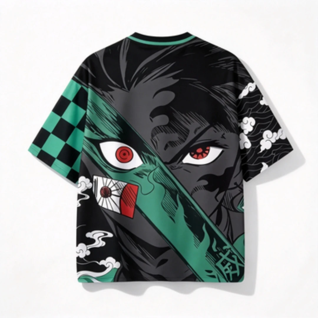 Demon Slayer Anime Character Printed Black Green Grid Breathable Mesh V-neck Suitable for Fans Cosplay Sports Top