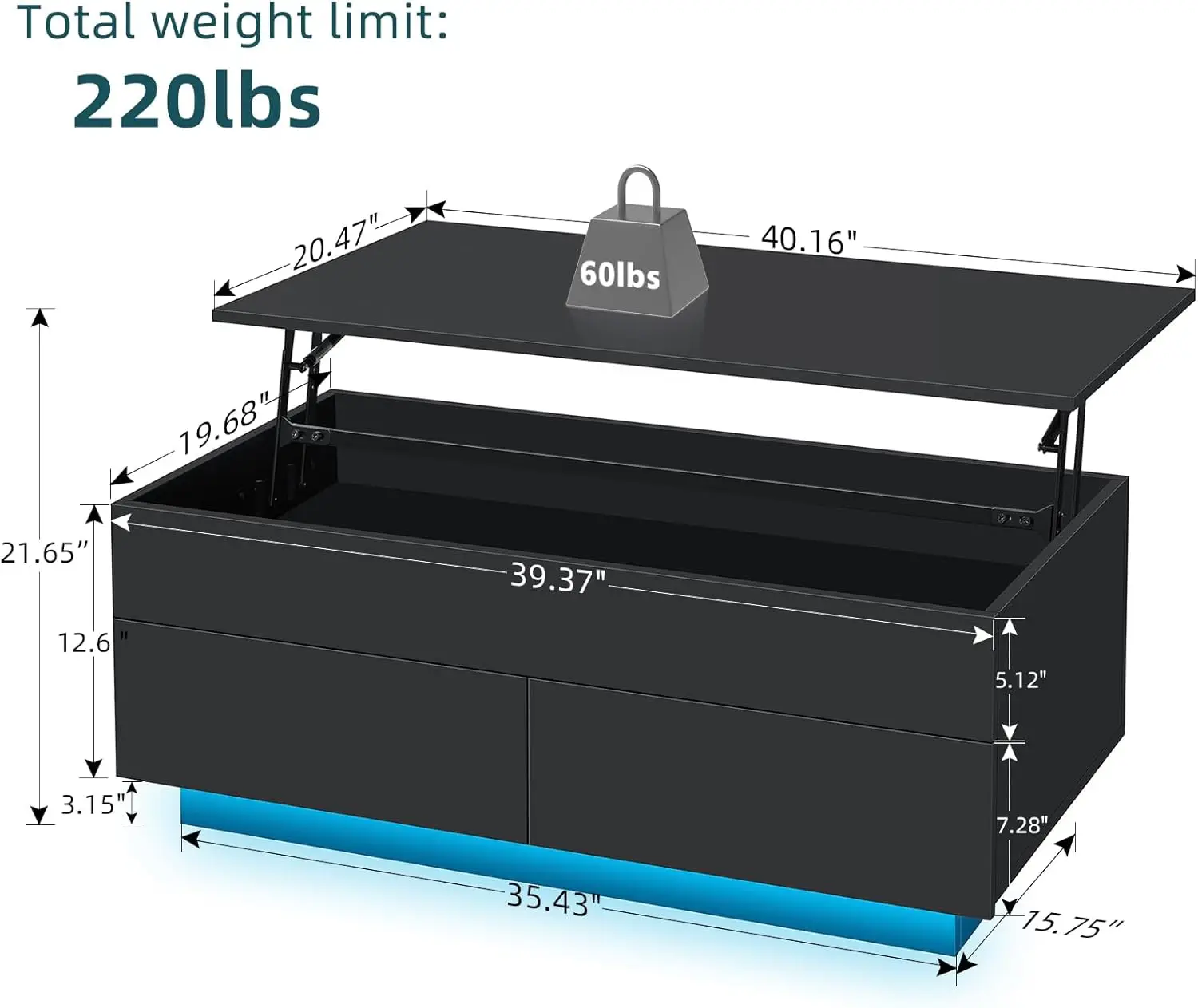 Lift Top Coffee Table with Hidden Storage LED Coffee Table Morden High Gloss Black Living Room 3 Tiers Modern Tea Table