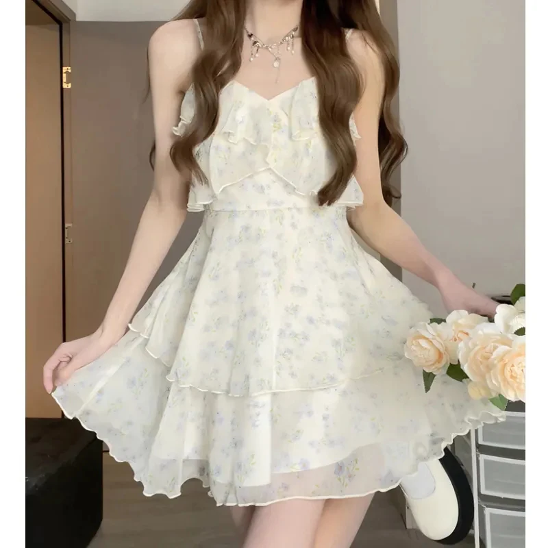 Women Floral Camis Dress Summer Fashion Sexy Sleeveless V Neck Slim Dress Sweet Ruffles Chic Elegant Female Vestidos