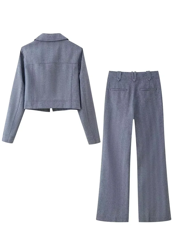 HH 가을 여성 시크 지퍼 라펠 긴 소매 숏 재킷+하이 웨이스트 사이드 포켓 캐주얼 루즈 솔리드 바지 2피스 세트