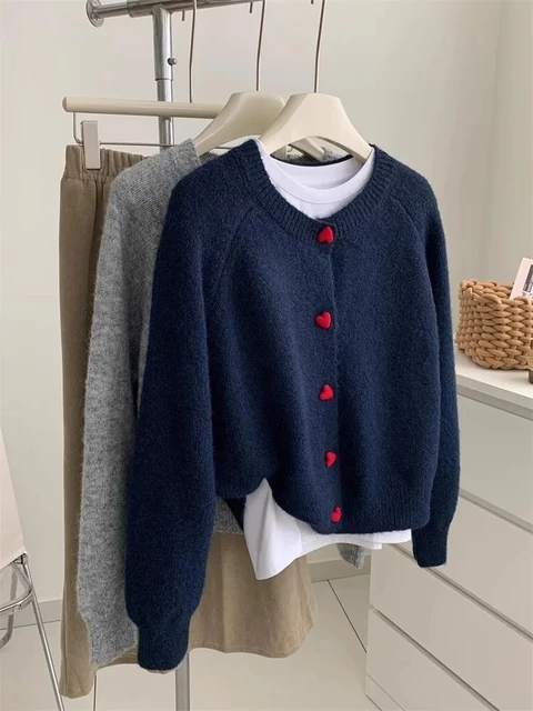 AOSSVIAO 2026 Deep Grey Wool Knitted Cardigan For Women In Autumn Winter Soft And Sticky Warm Love Buckle Shoulder Sleeves