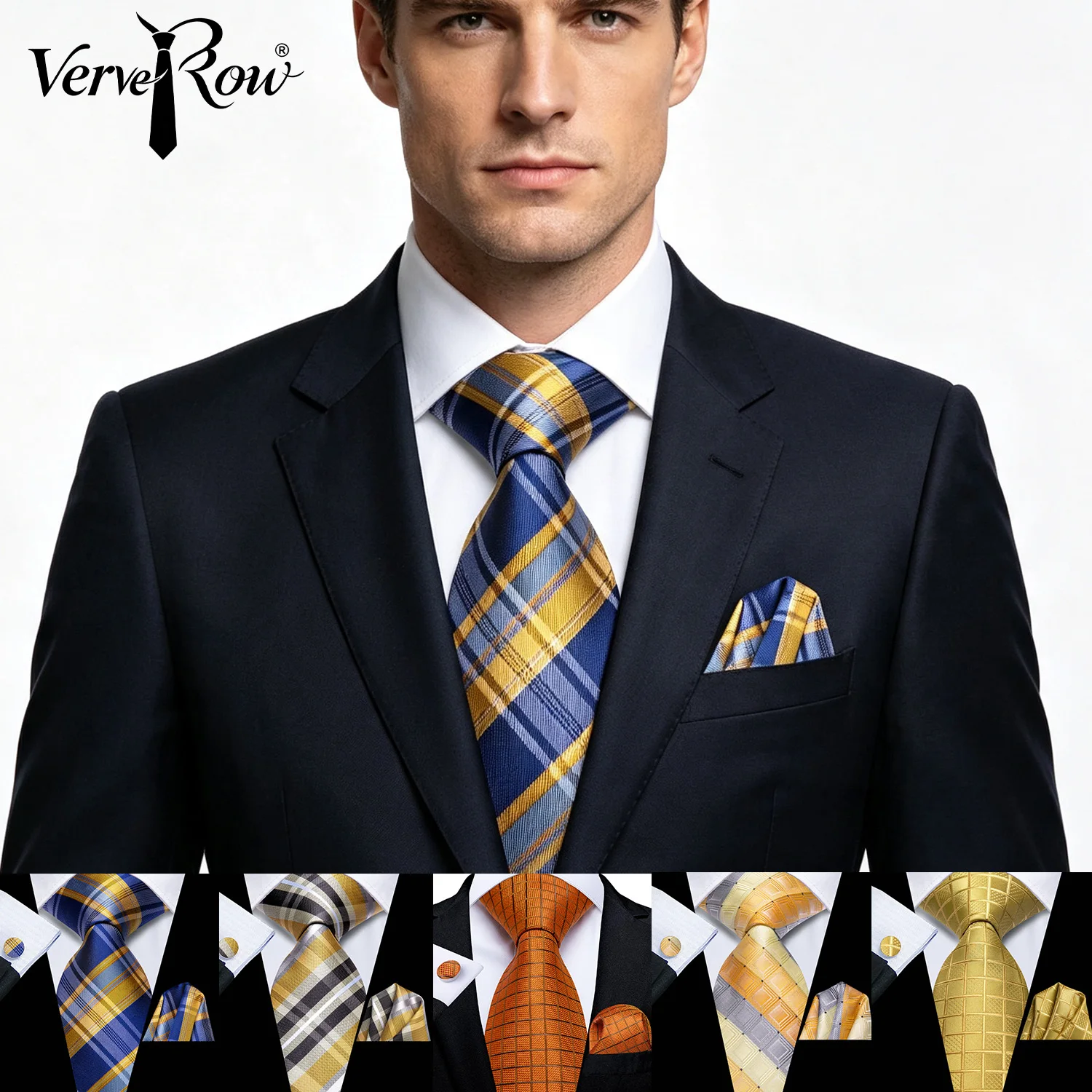 VerveRow - Conjunto de corbata y pañuelo de bolsillo a cuadros azules y amarillos para hombre, corbata a cuadros brillantes, accesorio para traje de negocios o boda, regalo de cumpleaños
