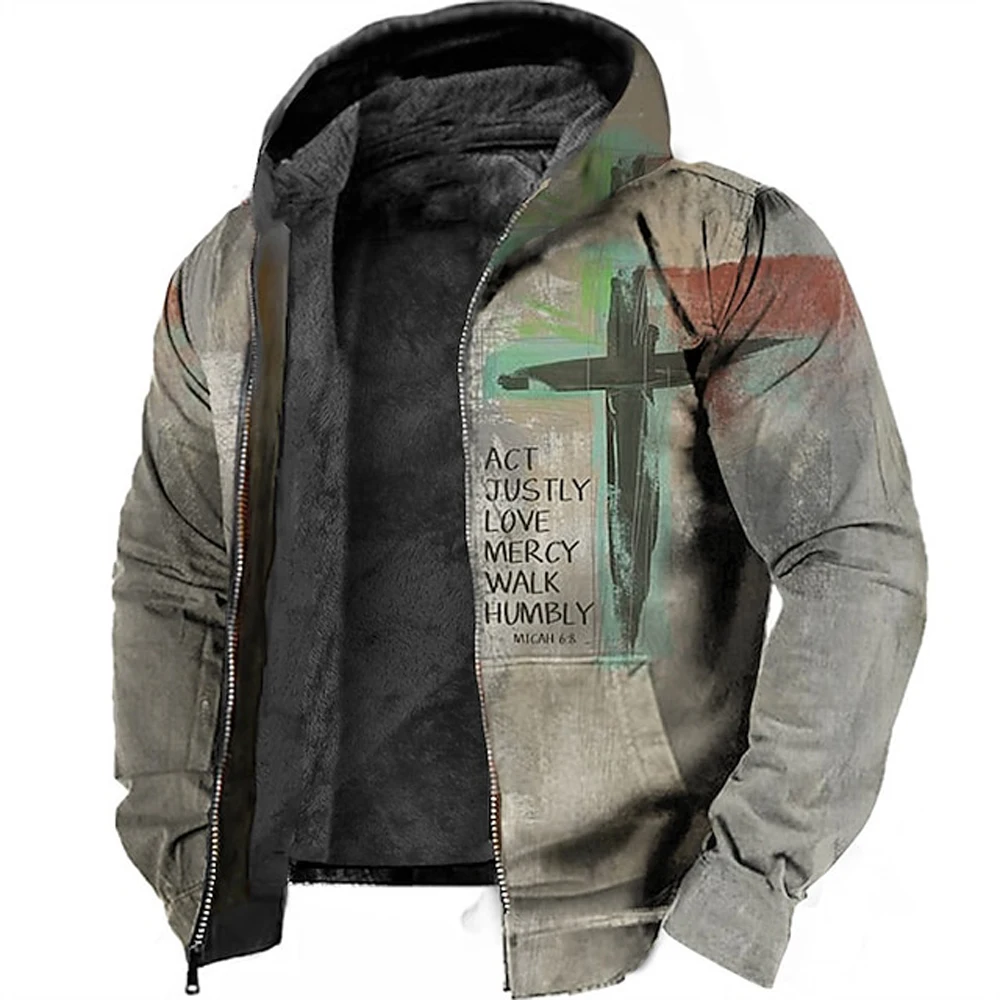 Autumn Winter Men Zip Up Hoodies Long Sleeve Fleece Hood Jackets Belief Cross Print Casual Outerwear Sweatshirts Hooded