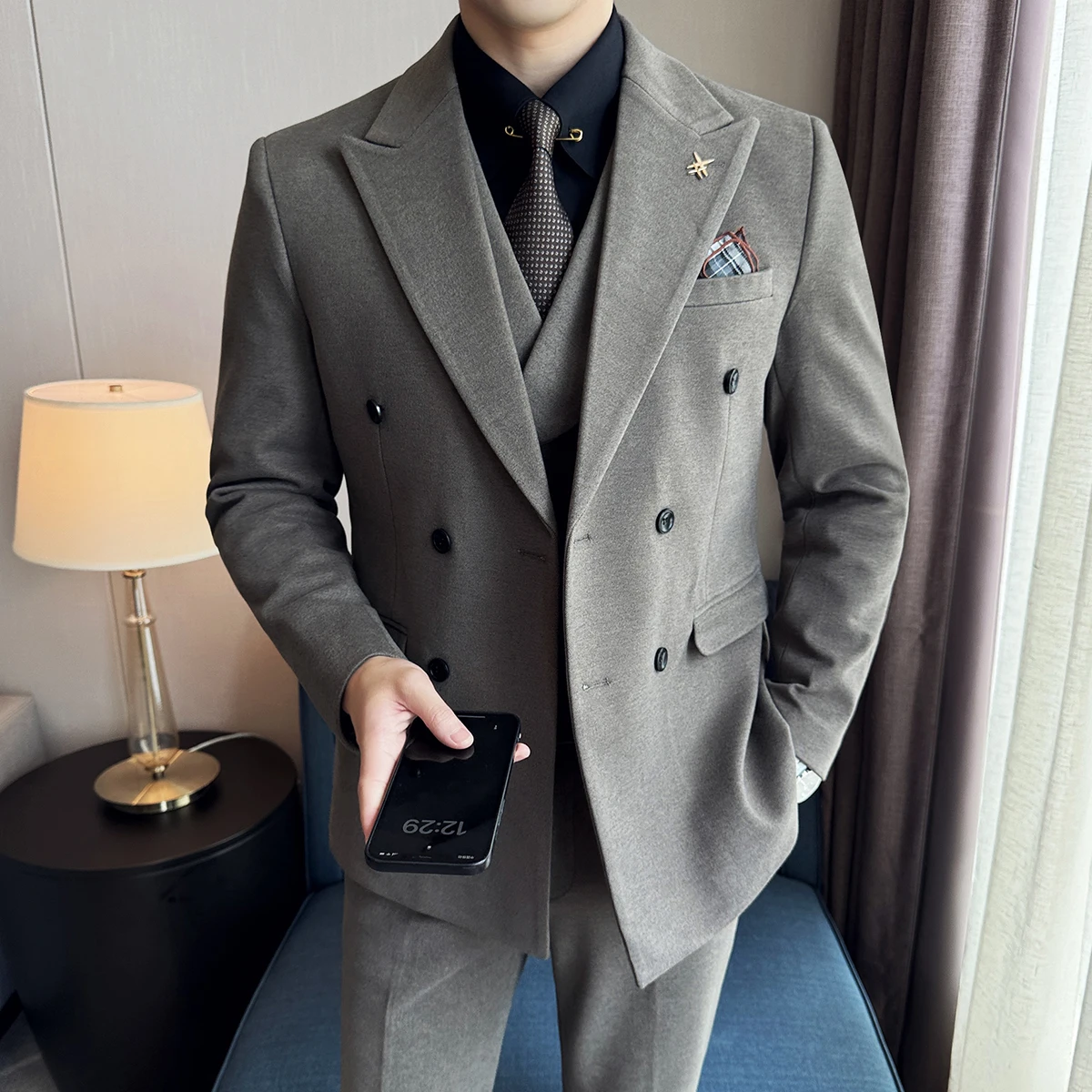 (Jacket+Vest+Pant) Autumn Winter Thickened Woolen Suit 2024 New High Quality Slim Business Tuxedo Fashion Wedding Social Suits